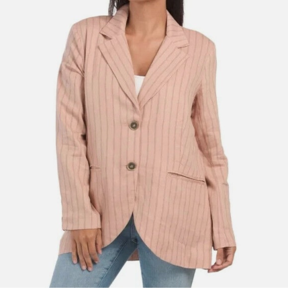 NEW Free People Vida LINEN Oversized Blazer Jacket In Pink Rose Pinstripe Size S - Picture 4 of 13